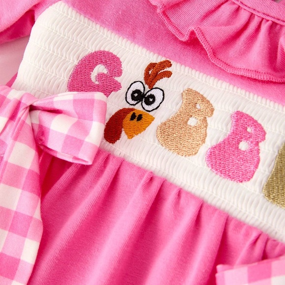 **NWT**Baby Girls Pink Gobble Ruffle Embroidered Romper - Picture 2 of 3